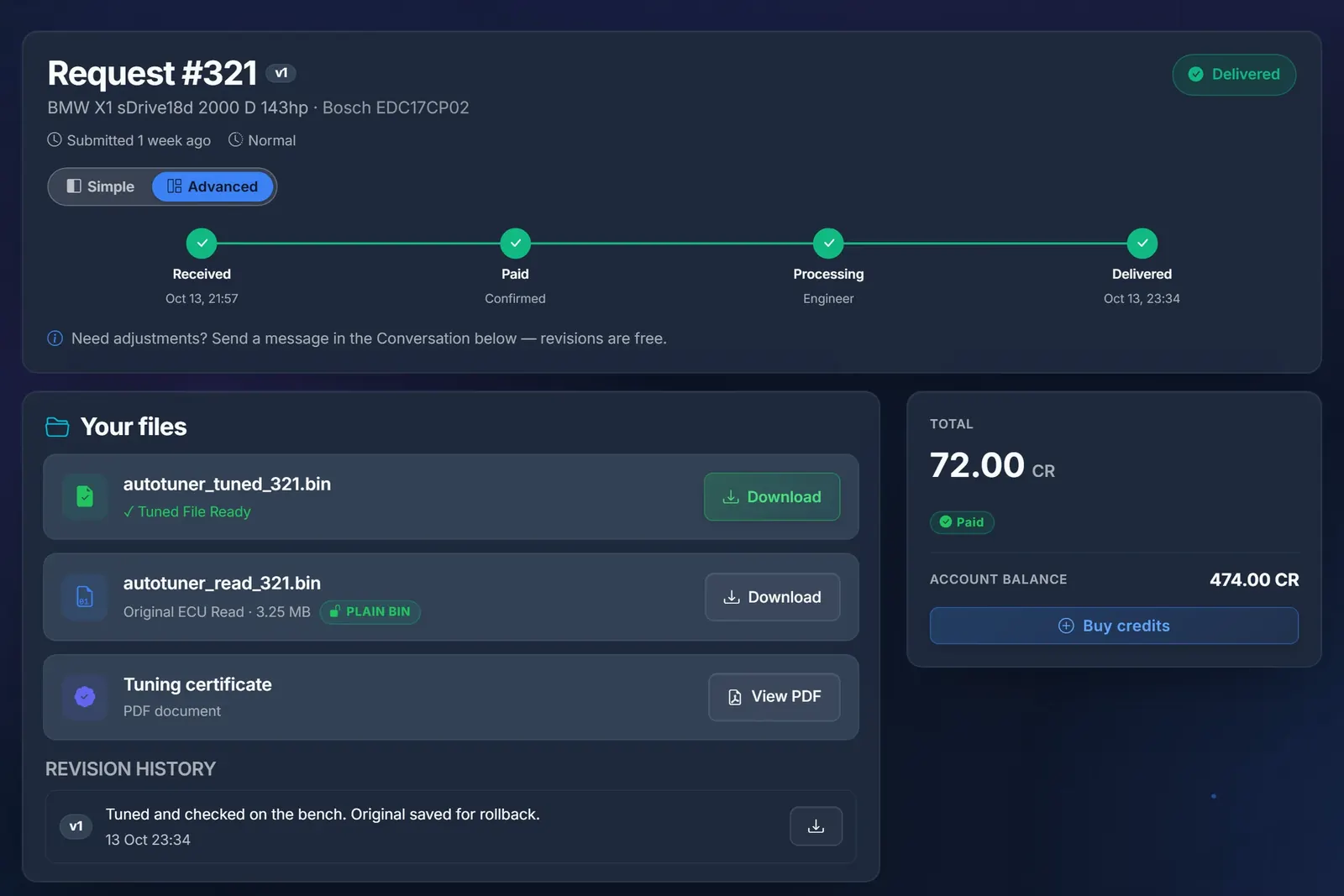A finished request in the client portal: the tuned file ready to download beside the original