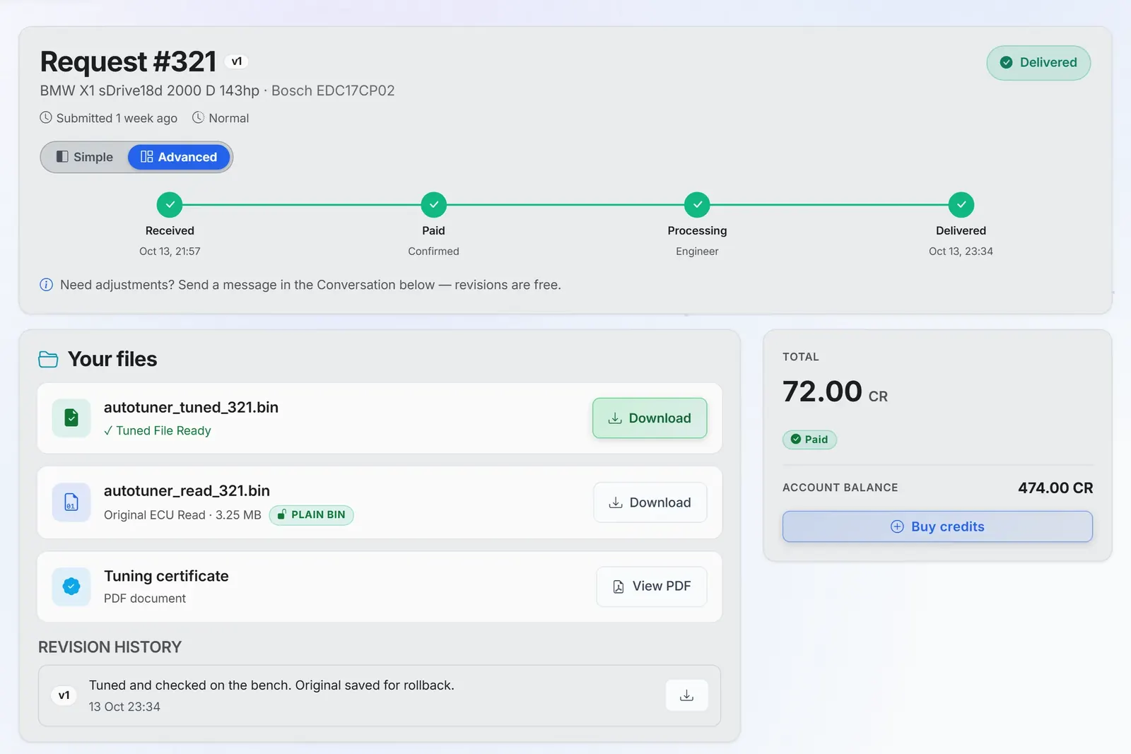 A finished request in the client portal: the tuned file ready to download beside the original