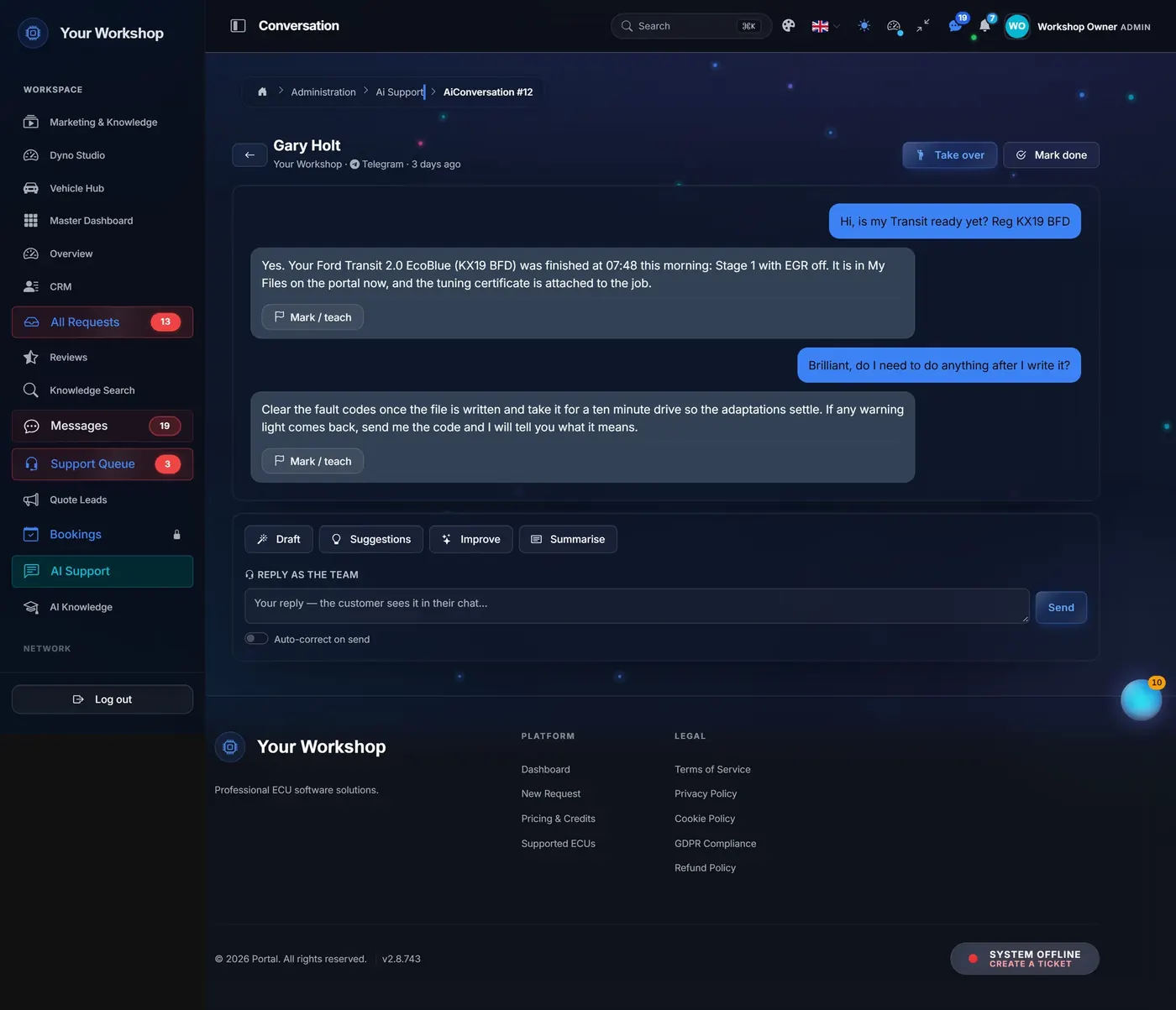 A customer asks the support bot on Telegram if his Transit is ready and gets the answer from the job itself
