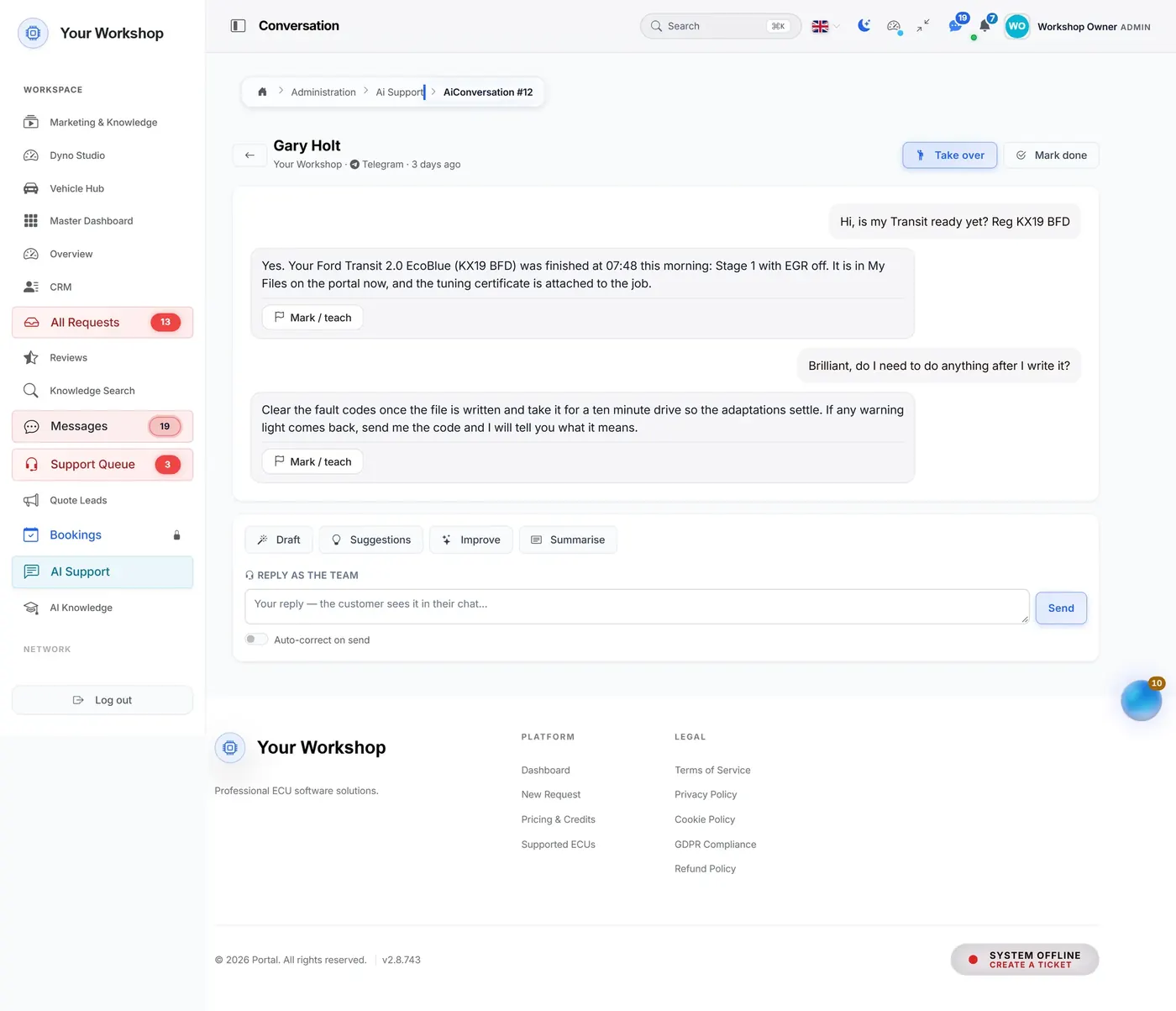 A customer asks the support bot on Telegram if his Transit is ready and gets the answer from the job itself