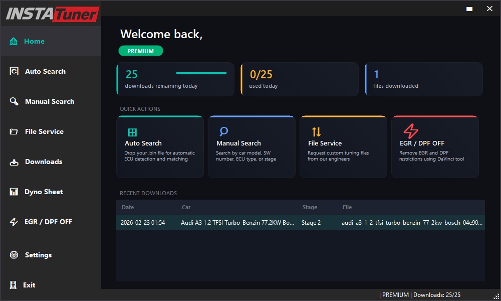 INSTATuner v1.0.0.7 Dashboard – Quick Actions, Download Stats, Recent Files