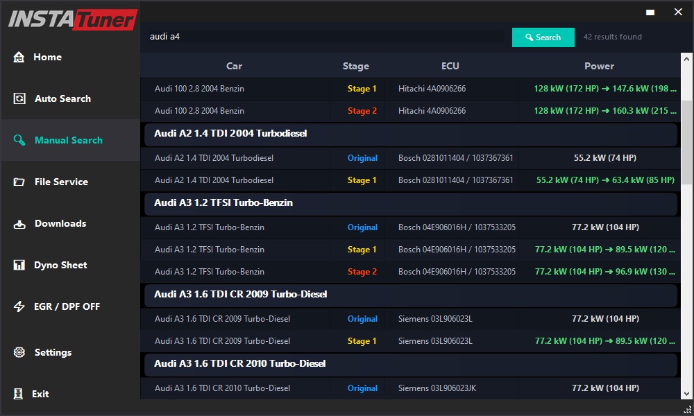 INSTATuner Search Results with Stage Filtering and Power Data