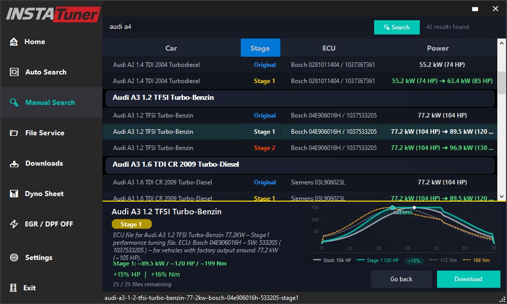 INSTATuner Search Results with Dyno Graph Preview