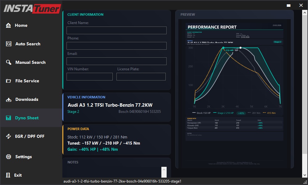 INSTATuner Dyno Graph PDF Generator – Client Name, VIN, Power Data